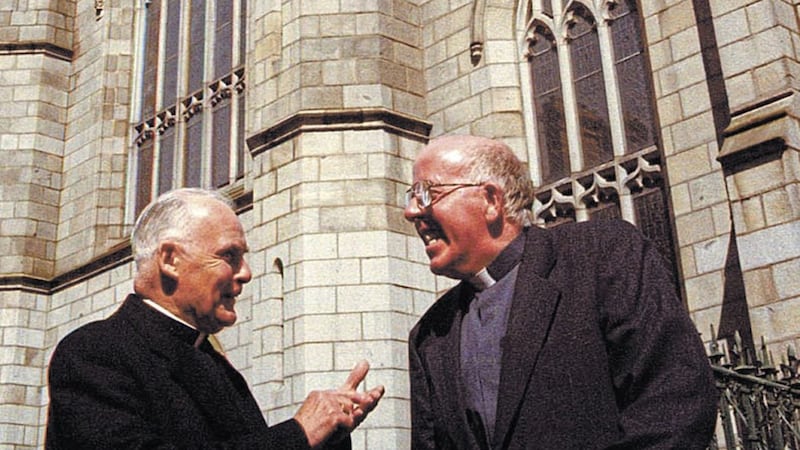 Former Bishop of Dromore Francis Brooks with his successor, Dr John McAreavey 