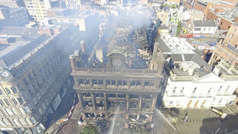An aerial image of the Primark store gutted by fire in Belfast city centre. Picture by Gregory Weeks 