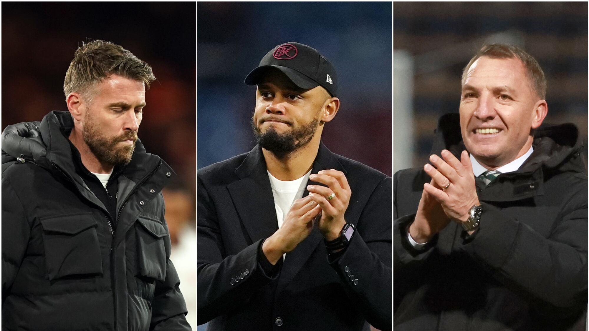Rob Edwards, left, and Vincent Kompany are on the brink of relegation while Brendan Rodgers, right, and Celtic can strike a near-decisive blow in the title race