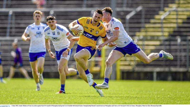 Jamie Malone of Clare in action against Karl O&#39;Connell of Monaghan during yesterday&#39;s Group Four clash at St Tiernach&#39;s Park in Clones Picture: Daire Brennan/Sportsfile 