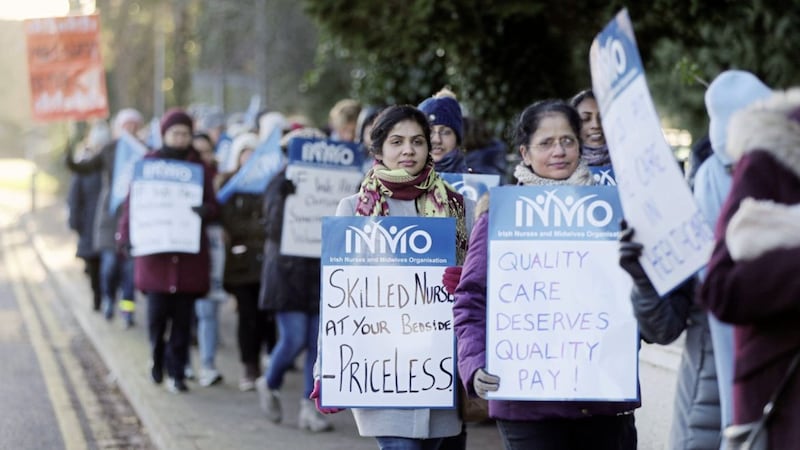 Striking nurses from the Irish Nurses &amp; Midwives Organisation (INMO) protest outside Naas General Hospital in Co Kildare in a row over pay and staffing levels. PRESS ASSOCIATION Photo. Picture date: Wednesday January 30, 2019. See PA story IRISH Strike. Photo credit should read: Niall Carson/PA Wire. 