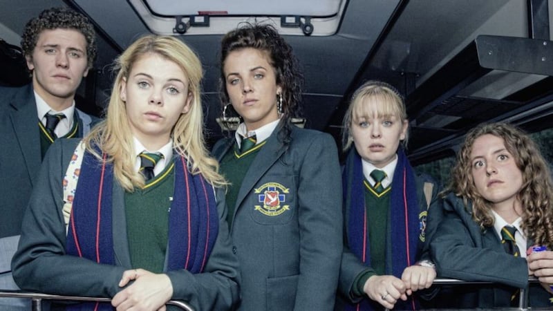 Episode one opens first day back at school for the Derry Girls, and James, (from left: James Maguire (Dylan Llewellyn), Erin Quinn (Saoirse Jackson), Michelle Mallon (Jamie-Lee O'Donnell), Clare Devlin (NIcola Coughlan) and Orla McCool (Louisa Harland)