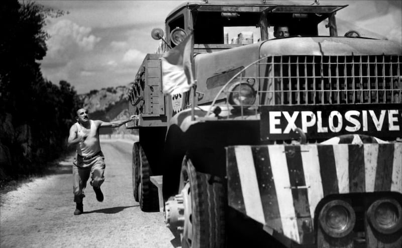 A scene from the 1953 film The Wages of Fear showing a truck full of explosives