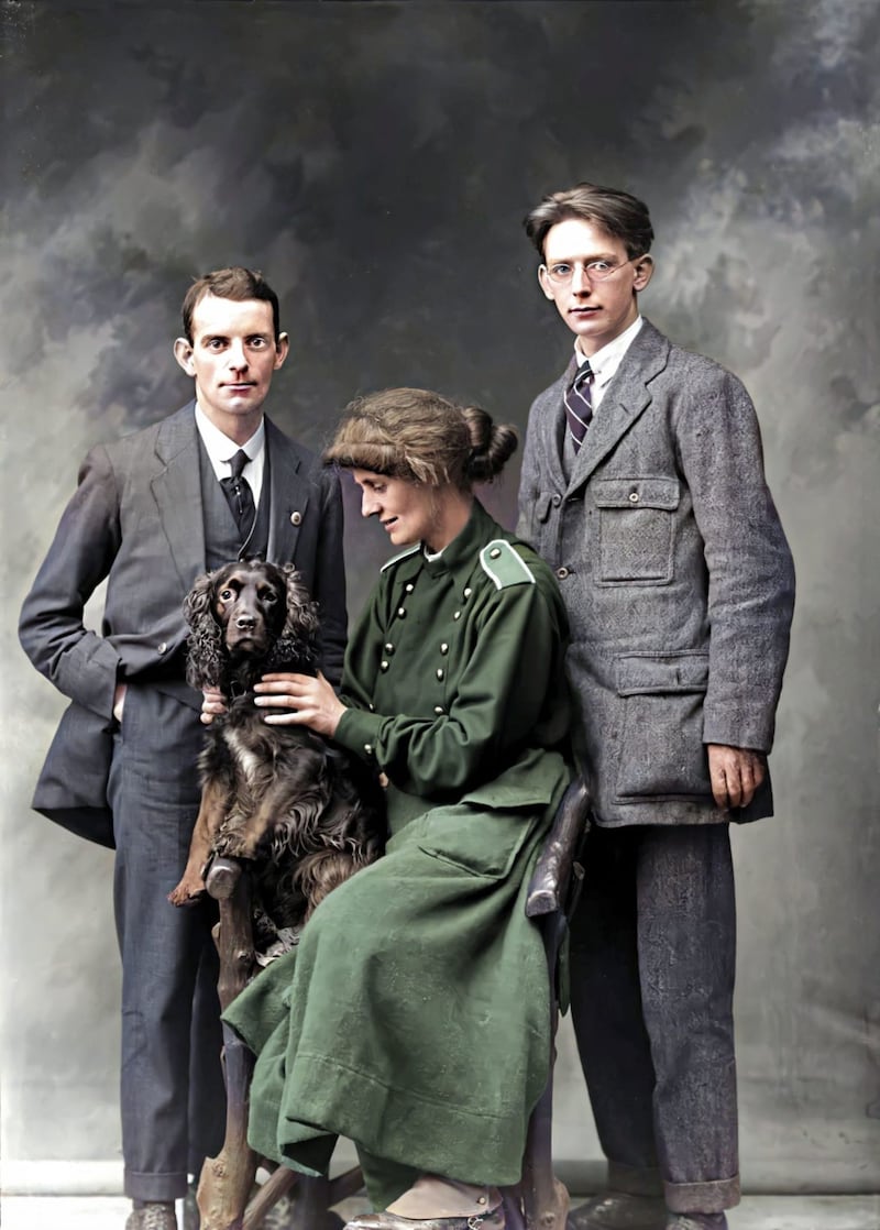 The Countess, 1917, Co Waterford. Countess Markievicz, born Constance Georgine Gore-Booth, was a nationalist, suffragist and socialist republican who took part in the Easter Rising and would go on to become the first female MP. Pictured here with her dog Poppet and Fianna E?ireann officers Thomas McDonald, left, and Theo Fitzgerald 