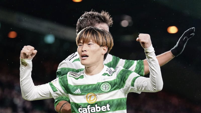 Celtic&rsquo;s Kyogo Furuhashi celebrates scoring his side&rsquo;s second goal during the cinch Premiership win over Livingston 