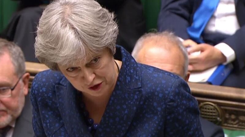 Theresa May speaks during prime minister's questions today in the House of Commons&nbsp;