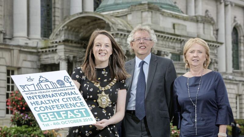 Celebrating Belfast&#39;s announcement as host of the 2018 International World Health Organisation Healthy Cities Conference are lord mayor Cllr Nuala McAlister with Dr David Steward (Belfast Healthy Cities chair) and Joan Devlin (Belfast Healthy Cities chief executive) Photo: Brian Morrison 