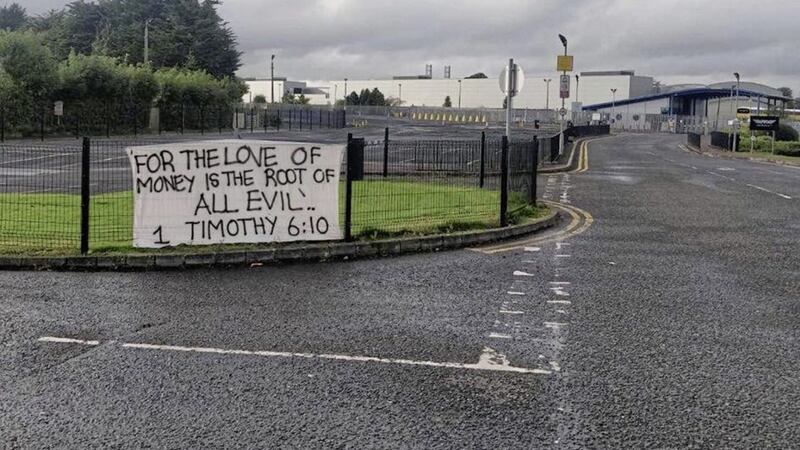 One of the banners that appeared outside the Wrightbus complex in Ballymena yesterday 