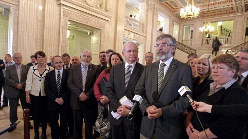 Gerry Adams and Martin McGuinness at a press conference in the great hall at Stormont in 2011. Picture by Paul Faith, Press Association 