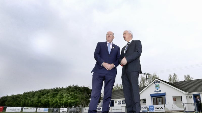 GAA president John Horan, pictured with Limavady Wolfhounds chairman Ronan Curley last week after officially opening the club's new gym facilities, admits the rural-urban shift is a concern for country clubs across Ireland.<br /> Picture by Margaret McLaughlin
