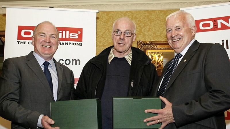 Ulster Vocational/Post Primary Schools, who celebrated their 51st and last year of providing Gaelic games for schools held their last awards night in the Glenavon Hotel, Cookstown. Pictured is Tyrone&#39;s Art McRory who presented awards to Hugo Clerkin, Chairman and Jimmy Smyth, Secretary for their outstandiing contribution to the Ulster Vocational Schools. 