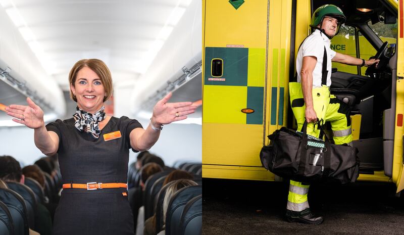 Image collage of an EasyJet airhostess on the left and a male ambulance worker on the right.