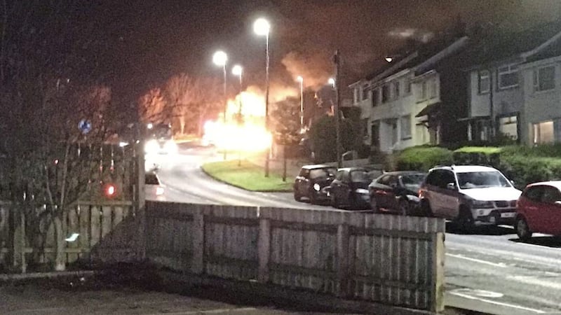 Wheelie bins were set alight and used as a burning barricade during the trouble in Larne 