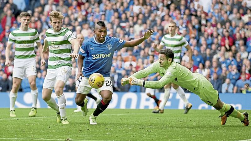 Celtic&#39;s keeper Craig Gordon saves from Alfredo Morelos of Rangers during Saturday&#39;s Old Firm derby 
