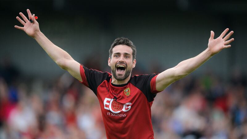 Kevin McKernan of Down celebrates at the final whistle after the Ulster GAA Football Senior Championship semi-final match against Monaghan at the Athletic Grounds in Armagh
