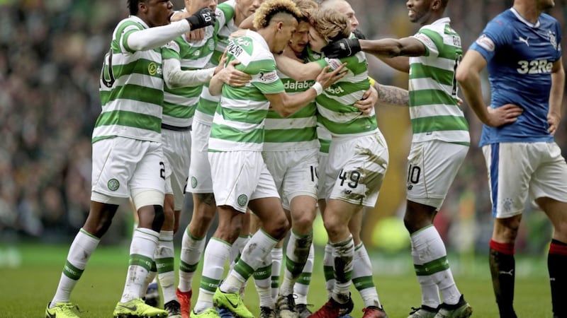 Celtic players celebrate as Stuart Armstrong opens the scoring during Sunday's Ladbrokes Premiership draw with Rangers at Celtic Park <br />Picture by PA<br />&nbsp;