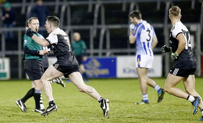 Daryl Branagan reels away in celebration after scoring Kilcoo&#39;s second goal in the All-Ireland semi-final win over Ballyboden at Kingspan Breffni Park. Picture by Philip Walsh 