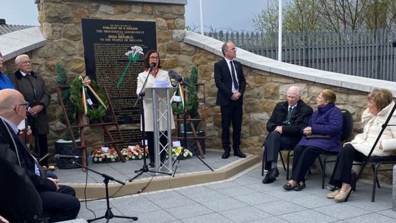 &nbsp; Sinn F&eacute;in leader Mary Lou McDonald addresses the National Graves Association commemoration to mark the anniversary of the 1916 Easter Rising, in Milltown Cemetery, Belfast. Picture date: Sunday April 17, 2022.