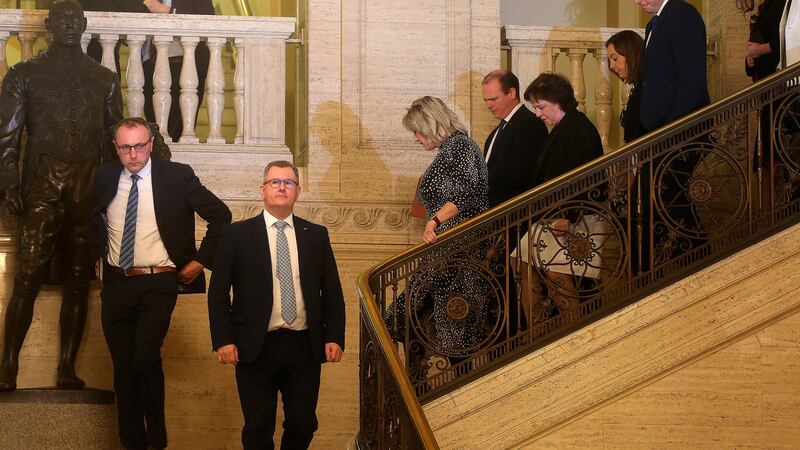 DUP leader Sir Jeffrey Donaldson with his party's MLAs at Stormont today. Picture by Mal McCann