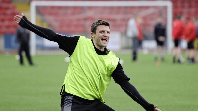 Cliftonville&#39;s Diarmuid O&#39;Carroll during a press night at Solitude ahead of the 2013 Irish Cup Final against Glentoran  