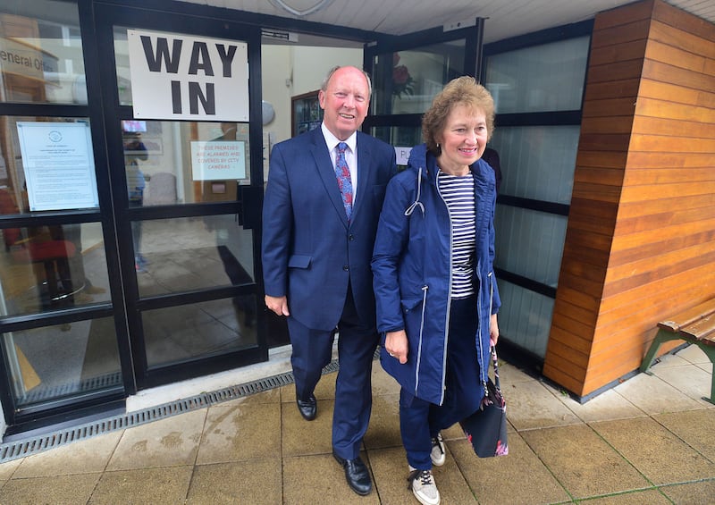 &nbsp;Leader of Traditional Unionist Voice Jim Allister and wife Ruth Allister pictured after voting at Connor Primary School in Kells..Picture By: Arthur Allison: Pacemaker.