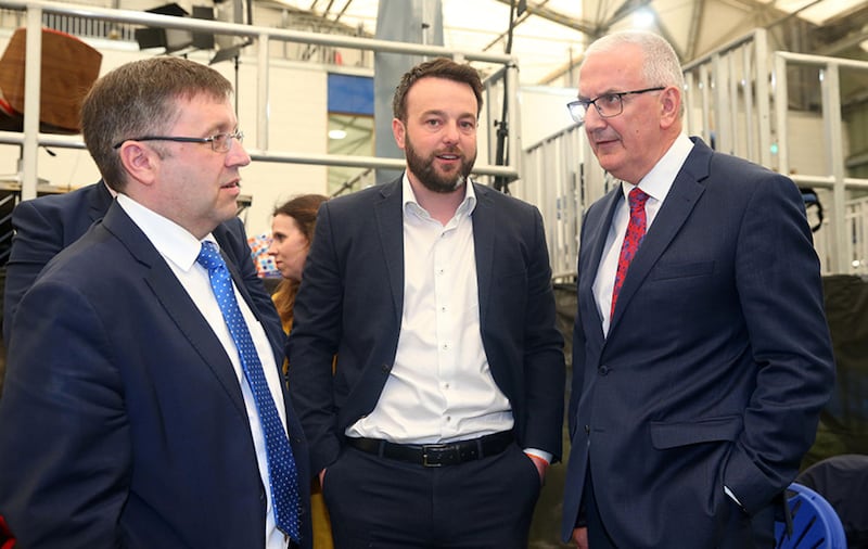 UUP leader Robin Swann, the party's candidate Danny Kennedy and SDLP leader  Colum Eastwood at the European Election count in Magherafelt. Picture by Mal McCann&nbsp;
