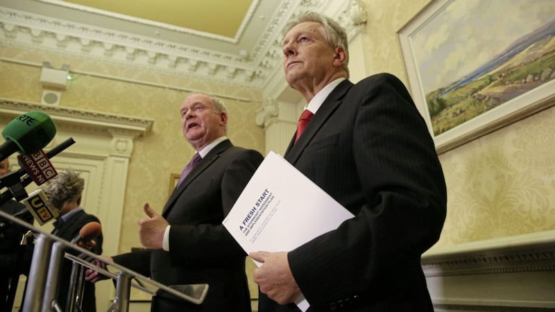 Peter Robinson (right) pictured with Martin McGuinness at Stormont Castle, Belfast in 2015. Picture by Brian Lawless/PA Wire 