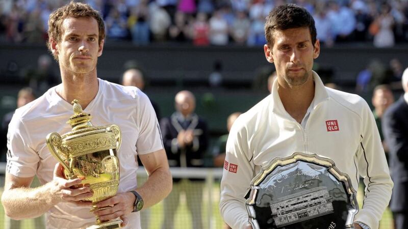 Andy Murray and Novak Djokovic with their Wimbledon final trophies in 2013 