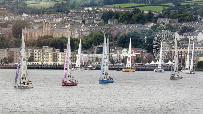 The Clipper Round the World Yacht Race fleet leaves Derry city on the River Foyle to start the final leg of its global trip on Sunday, en-route to the finish at Liverpool Picture by Margaret McLaughlin. 