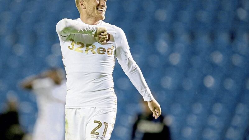 Leeds United&#39;s Samu Saiz celebrates his hat-trick goal in the Carabao Cup first round win over Port Vale 