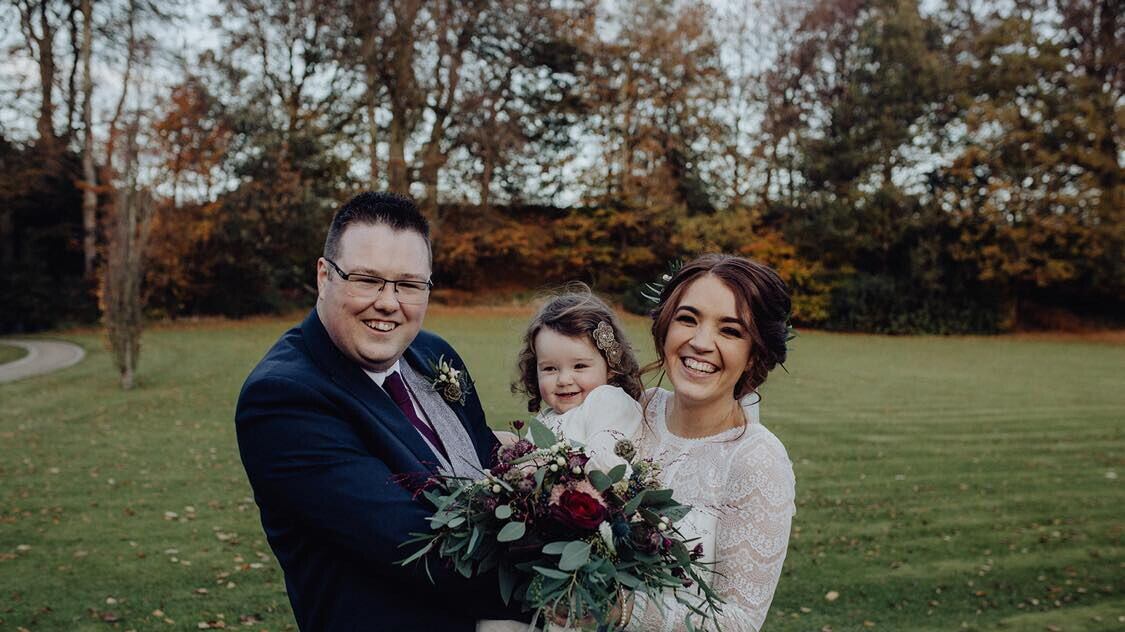 Leancha Smith on her wedding day in 2018, with husband Christopher and their daughter Meabh.