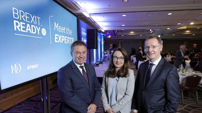 Gordon Milligan (IoD NI chairman), Dr Katy Hayward (QUB) and Frankie Devlin (KPMG) at the &#39;meet the experts&#39; lunch. Photo: Kelvin Boyes/PressEye 