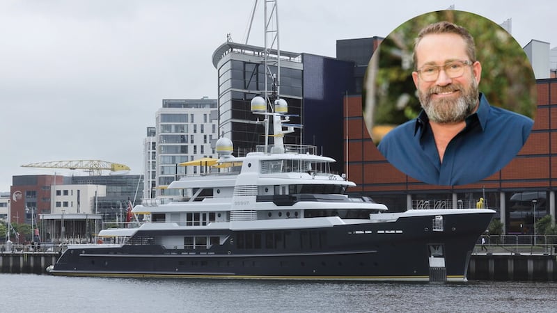 James Berwind (inset), has moored his $85m Scout superyacht in Belfast this week. Picture by Hugh Russell.