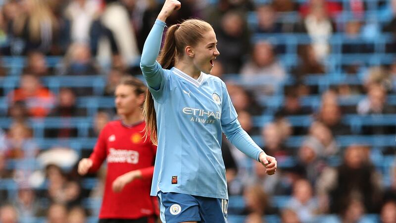 Jess Park celebrates after scoring her second goal in Manchester City’s win against Manchester United at the Etihad Stadium last month