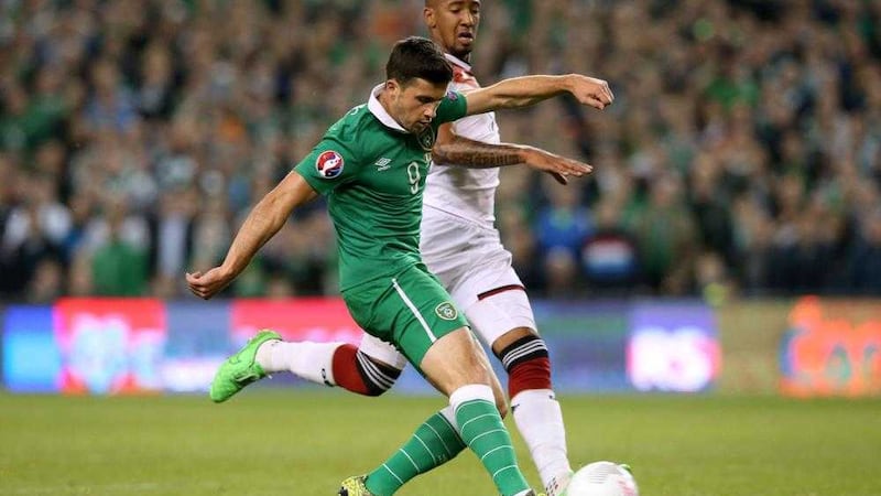Shane Long scores against Germany in last year's qualifying victory in Dublin<br />Picture by PA