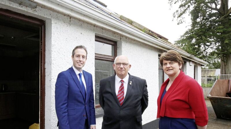 Former DUP ministers Arlene Foster and Paul Givan with Billy Thompson of Orange Community Network at Salterstown Orange Hall to announce the Community Halls Pilot Programme 