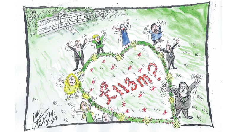 Cartoon showing members of the Stormont executive standing around a large heart with £113m? written on it