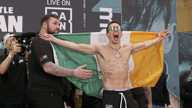 Michael Conlan made his intentions clear at yesterday&#39;s weigh-in at Albert Hall, Nottingham. Picture: Mark Robinson Matchroom Boxing 
