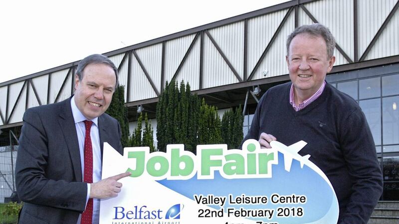 DUP North Belfast MP Nigel Dodds and Belfast International Airport managing director, Graham Keddie announce details of the job fair 