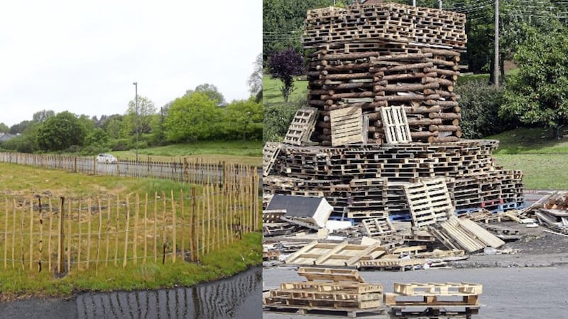The fenced-off land beside Milltown Road in Belfast, and the bonfire at the site in 2008. Picture by Mal McCann 