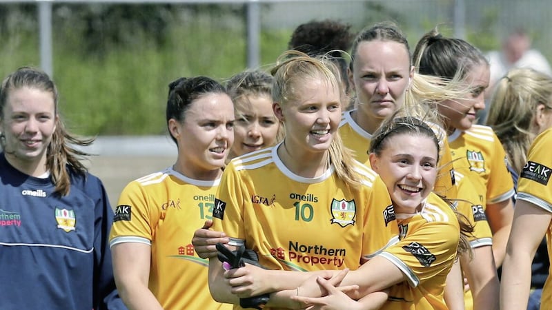 Antrim players celebrate after beating Tyrone during the Ulster Ladies Intermediate Football Championship final. The Saffrons&#39; rise will have seen many teams across the country sit up and take note   Picture: Margaret McLaughlin. 