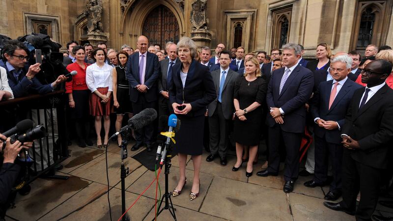 Theresa May outside the Houses of Parliament in London, after she secured her place as the UK's second female prime minister through the surprise withdrawal of her only rival in the battle to succeed David Cameron. Picture by Lauren Hurley, Press Association