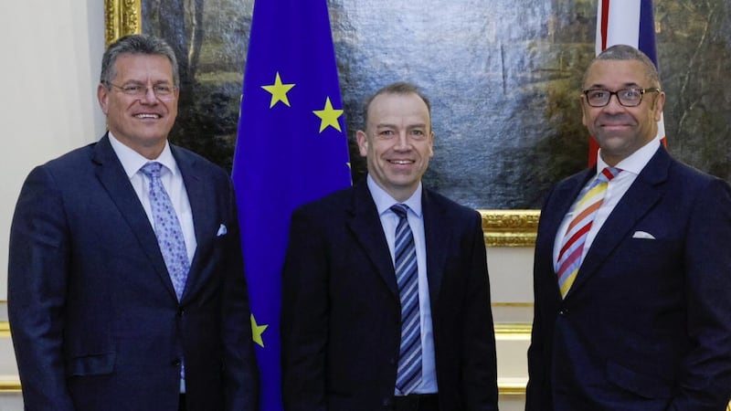 European Commission vice-president Maros Sefcovic (left) will hold virtual talks Secretary of State Chris Heaton-Harris (centre) and Foreign Secretary James Cleverly   