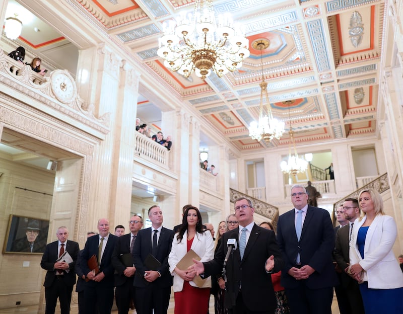 DUP Leader Jeffrey Donaldson leads his MLA’s to Stormont  , as Northern Ireland's devolved government is to be  restored, Two years to the day since it collapsed. PICTURE:  COLM LENAGHAN