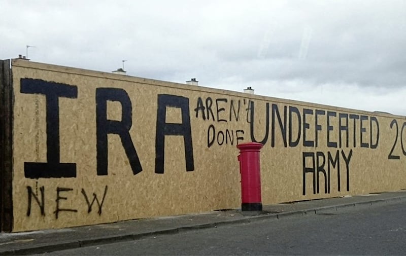 Pro-IRA graffiti was painted last week close to where journalist Lyra McKee was killed. Picture by Aoife Moore, Press Association 
