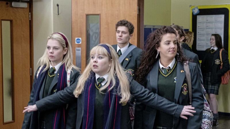 Derry Girls stars Saoirse Monica-Jackson as Erin, Dylan Llewellyn as James Maguire, Nicola Coughlan as Clare and Jamie-Lee O&#39;Donnell as Michelle. Picture by PA/Channel 4/Peter Marley 