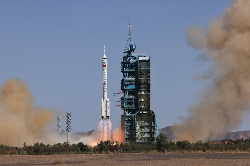 he Long March-2F carrier rocket carrying China's Shenzhou 14 spacecraft blasts off from the launch pad at the Jiuquan Satellite Launch Center in Jiuquan