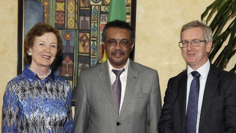Mary Robinson meeting Ethiopian foreign minister Tedros A Ghebreyesus, centre, and Irish ambassador to Ethiopia Aidan O'Hara during her visit to Addis Ababa. Picture by Liam Burke, Press22/Press Association
