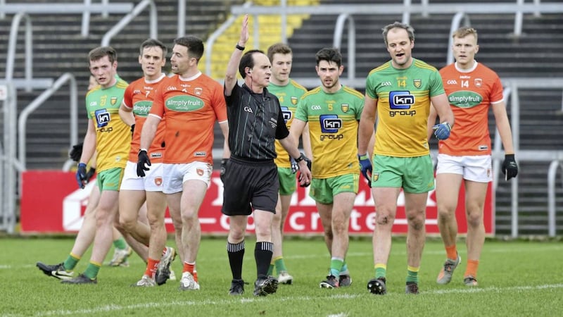 Referee David Coldrick takes control with Donegal against Armagh during the Ulster Senior Football Championship semi final match played at Kingspan Breffni Park, Cavan on Saturday 14th November 2020. Picture Margaret McLaughlin. 