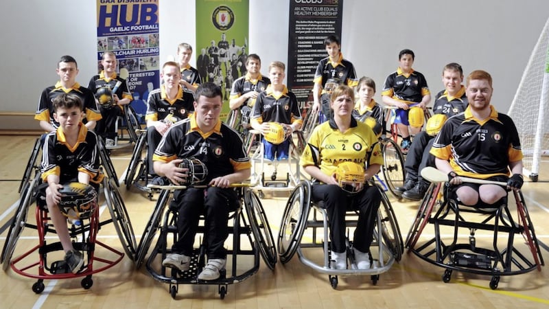 The successful Ulster wheelchair hurling team. Pictured (front, from left) are Ruairi Haffey, Colm Brady, Geraldine McGarrigle, Rian O&#39;Connor, (middle, from left) Conor Larkin, Brandon Kelly, Conn Nagle, Damhan Hughes, David Doherty and (back, from left) Conor McGrotty , Ruari McDermott, Paul McKillop, Conor Browne and Peter Lewis 